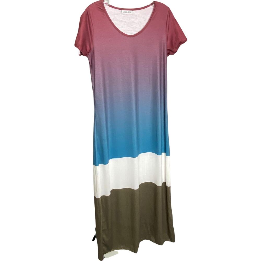 Misslook Shirt Maxi Dress Ombre Colorblock Short Sleeve 100% Cotton Boho Beach S